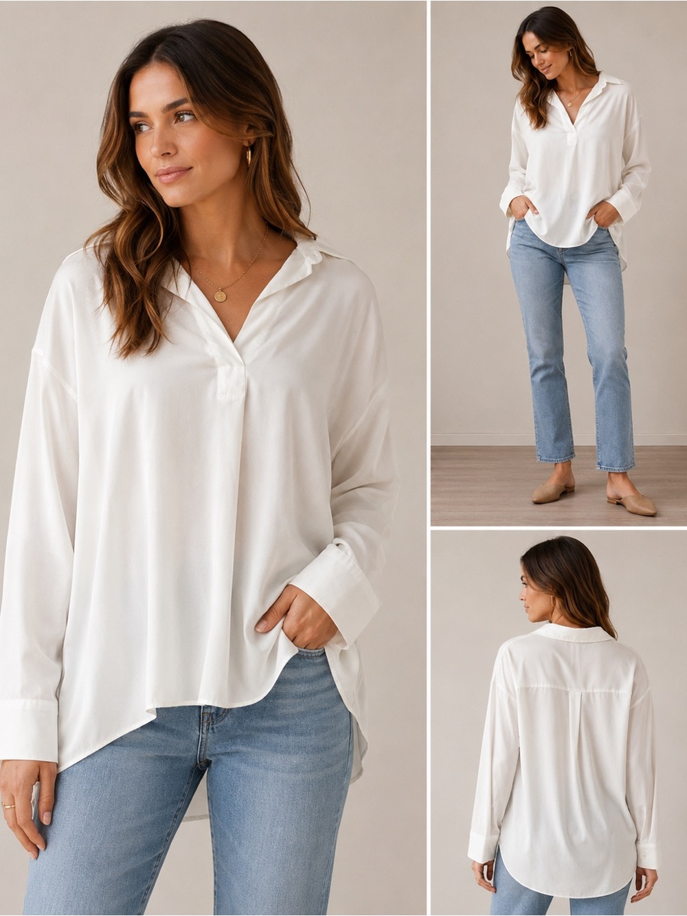 Lou & Grey White Casual Button-Down Pullover Shirt 100% Lyocell